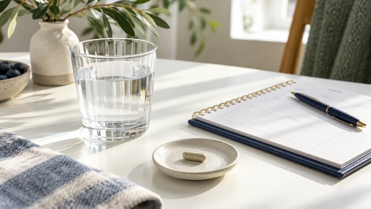 Kapsel und Glas Wasser neben einem Wochenplan